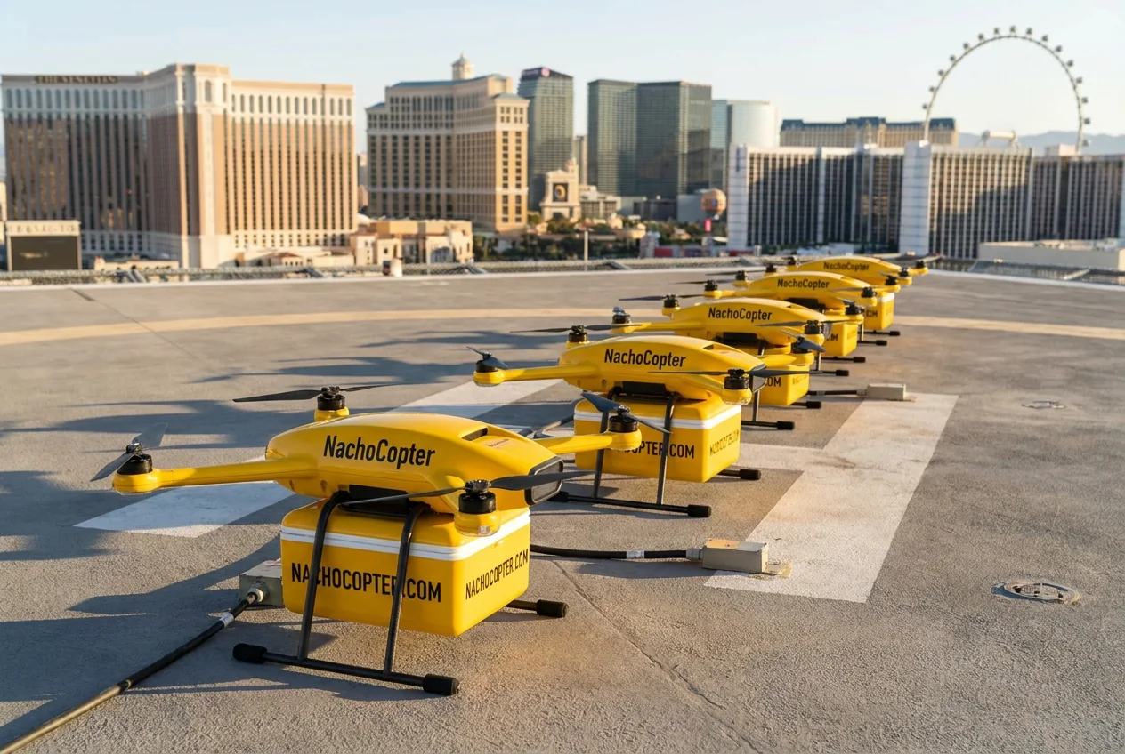 A fleet of NachoCopter drones on a rooftop launch pad at golden hour
