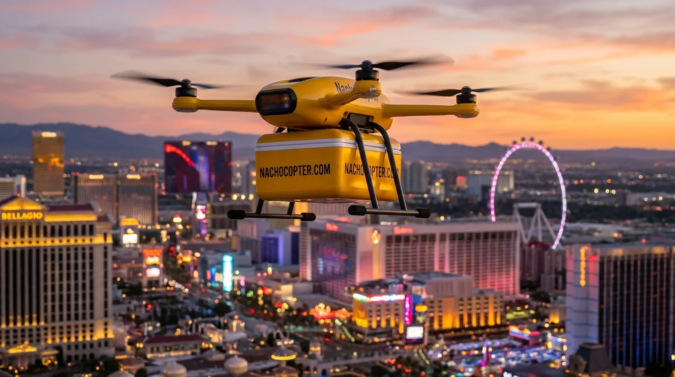 NachoCopter delivery drone flying over the Las Vegas Strip at dusk