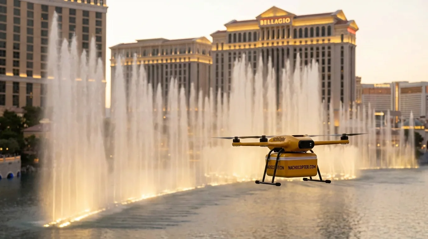 NachoCopter flying over the Bellagio fountains at dusk