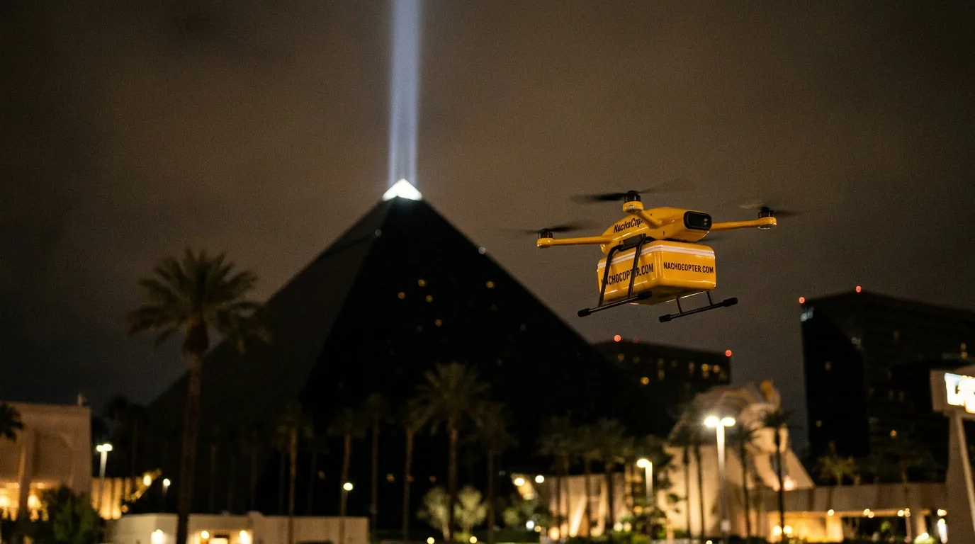 NachoCopter near the Luxor pyramid and sky beam at night