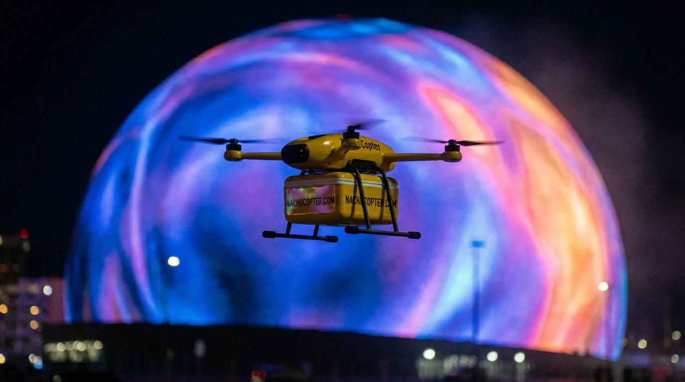 NachoCopter flying past the Sphere at night