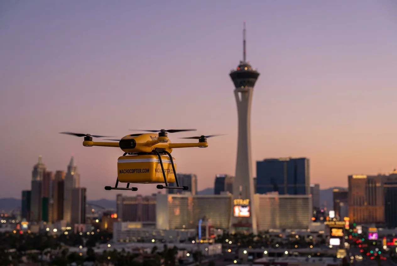 NachoCopter flying with the Strat tower at sunset